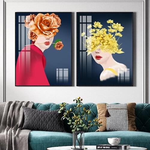 Fashion Beautiful Woman Portrait and Flower Crystal Porcelain Canvas Paintings Pictures Poster Print for Living Room Home Decor