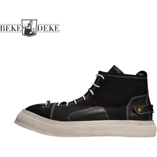Designer Ankle Boots Mens Genuine Leather Boots New Flat Platform Canvas Shoes Vintage Patchwork Casual High Top Sneakers Male