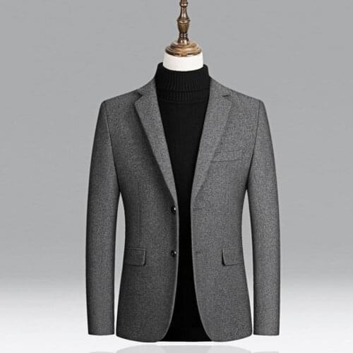 50%HOTTwo Buttons Lapel Men Blazer Autumn Winter Long Sleeve Woolen Suit Coat Workwear