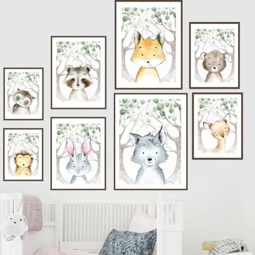 Owl Lion Rabbit Fox Wolf Bear Deer Eucalyptus Wall Art Canvas Painting Nordic Posters And Prints Wall Pictures Kids Room Decor
