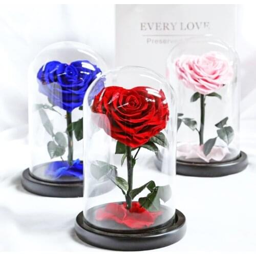 New Beauty and The Beast Roses Heart Shape Real Preserved Flowers In Glass Dome Valentines Day Wedding Christmas Birthday Gifts