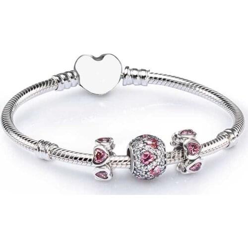 NEW 100% 925 Sterling Silver SALE - PINK HEART PAVE BALL CHARM BRACELET SET fit DIY Original charm Bracelets jewelry A Set