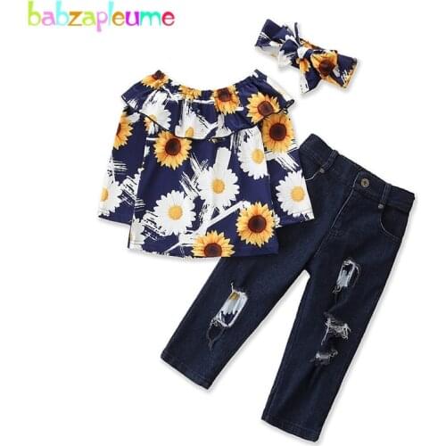 Spring Fall Toddler Girl Clothes Fashion Flowers Print Long Sleeve Kids T-shirt+Hole Baby Jeans Children Boutique Outfits BC2067
