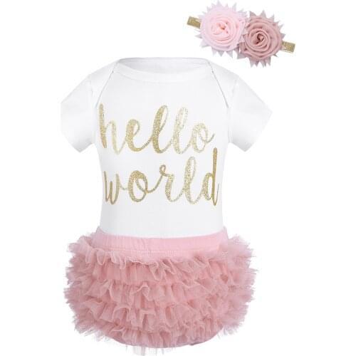 Newborn Girl Hello World Costume Short Sleeve Jumpsuit with Pleated Tutu Shorts Cardigan Headband Set Newborns Photo Party Cloth