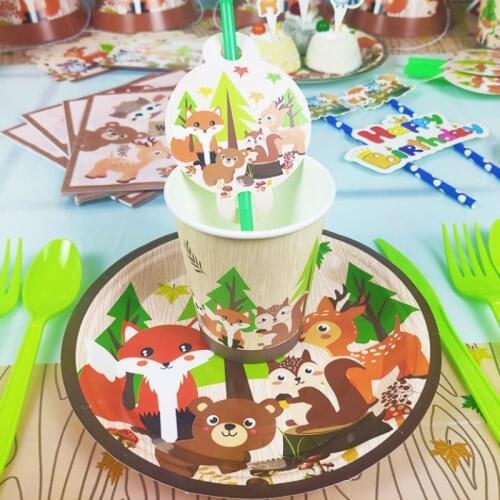 Cartoon Forest Animal Theme Disposable Tableware Childrens Birthday Party Decoration Animal Balloon Napkin Plate Baby Shower