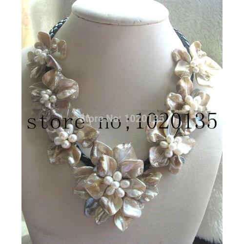 Freshwater pearl white rice and shell flower necklace bracelet 18inch nature handmade wholesale FPPJ