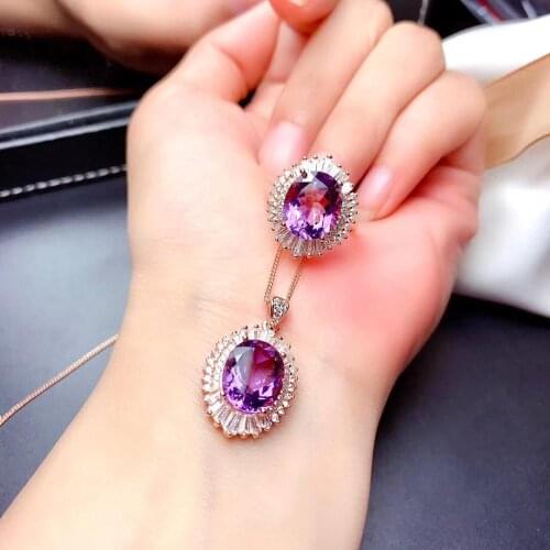 The best gift for engagement Amethyst jewelry set Natural Real Amethyst 925 sterling silver 1pc pendant,1pc ring