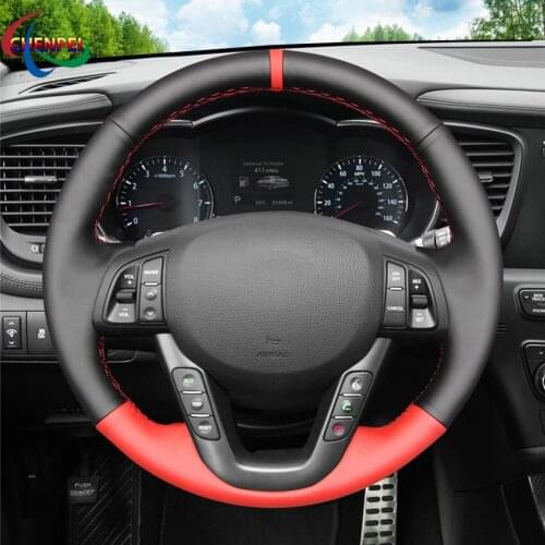 DIY Hand-stitched Non-slip Black Red Leather Car Steering Wheel Cover For Kia K5 Optima 2008-2013 Car Interior Decoration