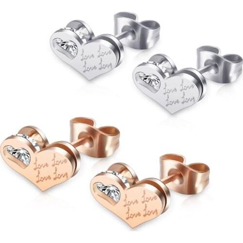 Stainless Steel Rose Gold Crystal Heart Zircon Stone Stud Earrings Jewelry Gift For Him Wholesale Earrings