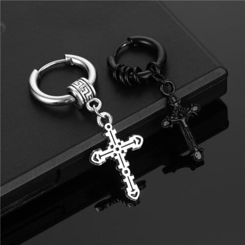 KSRA Cross & Spike Pendant Hoop Earring Trendy Black & Silver Stainless Steel Earrings Hip Hop Vintage Couple For Men Jewelry