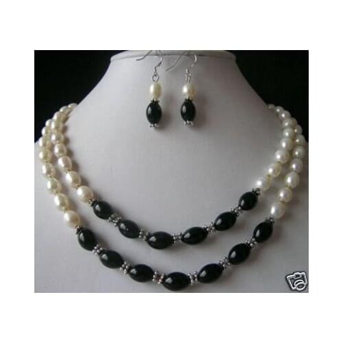 Real White Pearl Black Necklace Earrings(akk1012)