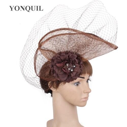 Sinamay Fascinator Hats With Birdcage Veil Bridal Wedding Headwear Cocktail Hats Party Occasion Hair Accessories Multiple Colors