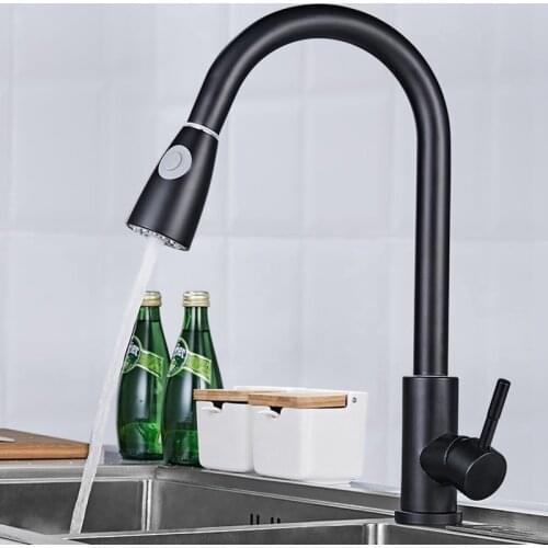360°Rotating Stainless Steel Black Pull-Out Kitchen Faucet With Cold And Hot Water Vegetable Sink Telescopic Faucet