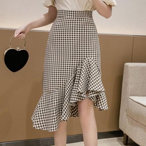 Asymmetrical Mermaid Skirts Women Harajuku Ruffles Plaid Midi Skirts Plus Size Trumpet Skirts Faldas Jupe Femme