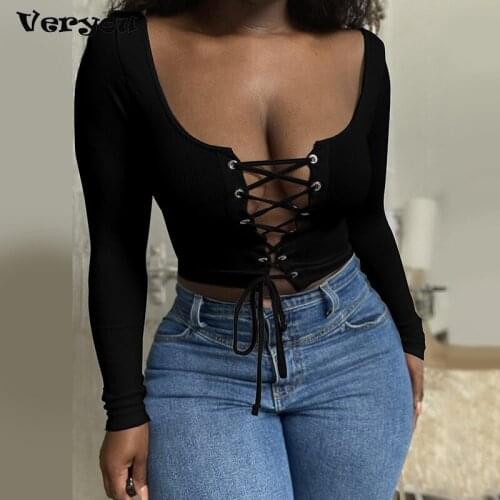 New Spring Autumn T Shirt Women Tops Tee Regular Bandage Square Neck Long Sleeve Female Shirts Fashion Solid Sexy T-Shirt Black