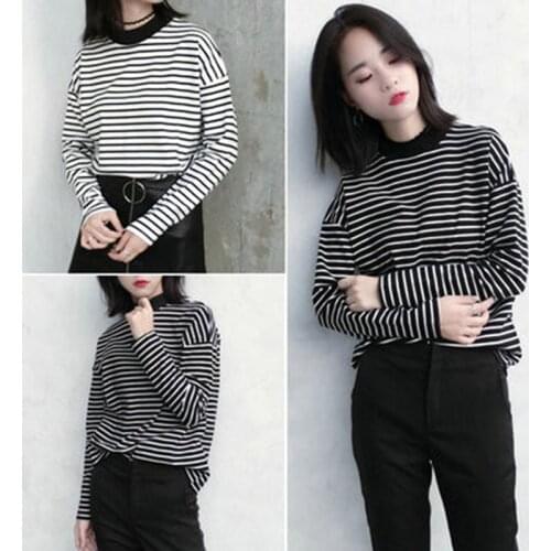 Women Harajuku T Shirt Korean Style O-Neck Turtleneck Long Sleeved Striped Tops Female T Shirt Autumn Casual Tops