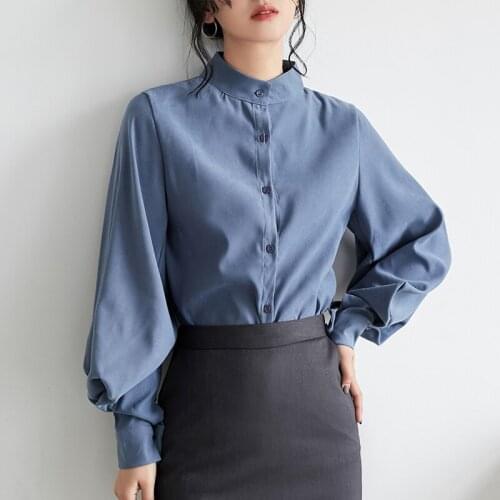Autumn Winter New 2021 Suede Womens Shirts Female Blouse Tops Lantern Sleeve Single Breasted Stand Collar Women Loose Blouses