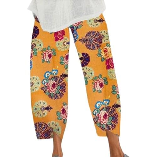Plus Size Women Retro Floral Printed Capri Pants S-5XL Spring Summer New Elastic Waist Irregular Boho Print Pants For Women