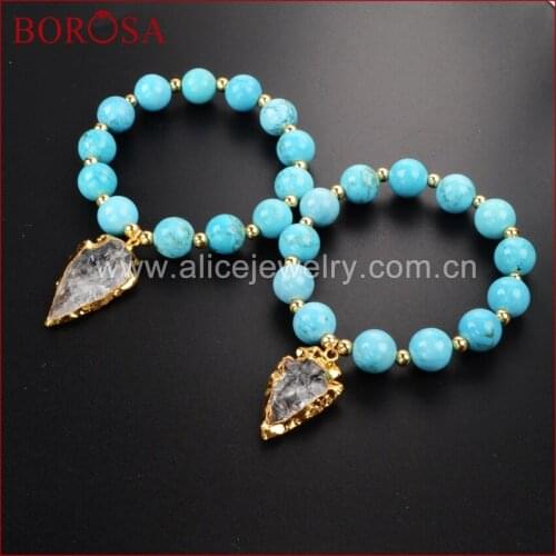 BOROSA Arrowhead Gold Color Rough Aura Quartz Crystal Bracelet With Blue Stone Beads Bracelets for Women G1169