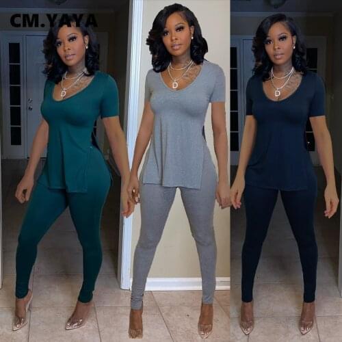 CM.YAYA Women 2 Piece Outfits Set V-neck Slit Side T-shirt and Legging Pants Streetwear Matching Set Active Workout Tracksuit