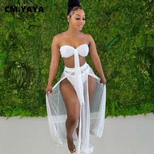 CM.YAYA Women Set Dot Sleeveless Strapless Crop Tops Low Waist Paties Mesh Split Skirts Three 3 Piece Sets Sexy Outfit Summer