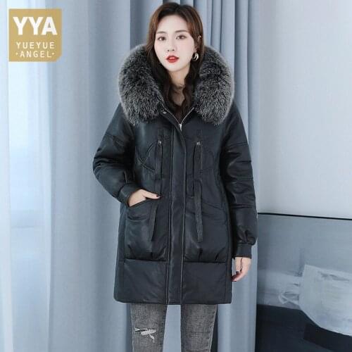2021 Winter Women Down Coat Luxury Hooded Genuine Leather Long Jacket Fashion Warm Long Sleeve Female Real Sheepskin Overcoat