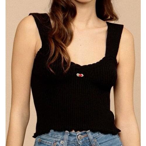 Womens Rose Thorn Embroidered Wide Belt Knitted Halter V-neck Slim Top Fashion 2021 New Ruffled Hem Ribbed Knit Vest Cute Tops