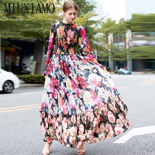 MIUXIMAO Custom Plus Size Long Dress Fashion Newest Arrival Rose Flower Print Cascading Ruffle Ankle-Length Dress Women