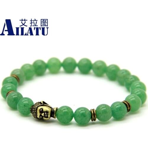 Ailatu Mens Jewelry 8mm Natural Green Aventurine Stone Beads Antique Bronze Buddha Classic Yoga Bracelet Hombre Bracciali