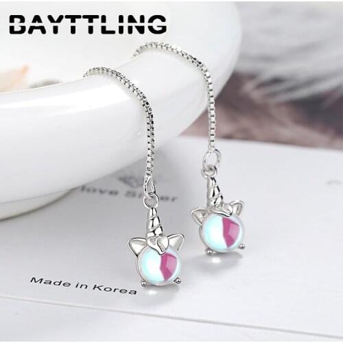 BAYTTLING 925 Sterling Silver 100MM Long Tassel Unicorn Pendant Earrings For Women Fashion Wedding Jewelry Gifts