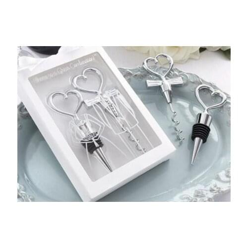 Free shipping 50sets/lot Love Heart Corkscrew Bottle Opener Set Wine Bottle Stopper Wedding Souvenirs for guest