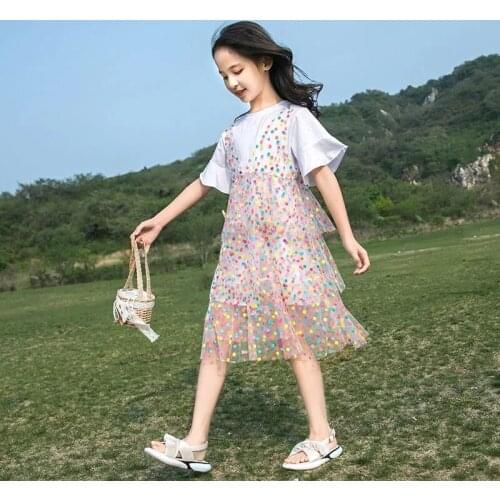 Children Girls Dresses Ruffles Short Sleeve T-Shirts Dots Dress Sets for Girls Cake Midi Tutu Dress Kids Girls Party Vestidos