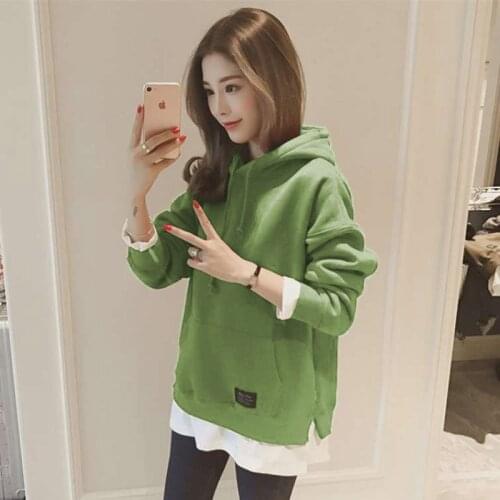 Women Fake 2 Piece Hoodies Long Sleeve Solid Color Casual Split Side Hooded Sweatshirt Oversize Loose Street 2021 New Fashion