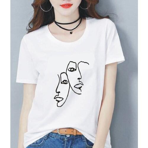 Twin Face Printed Art Pattern T-shirt Womens Casual Harajuku Cotton Tees Street Funny Plus Size 0-Neck Tshirts Camiseta Mujer