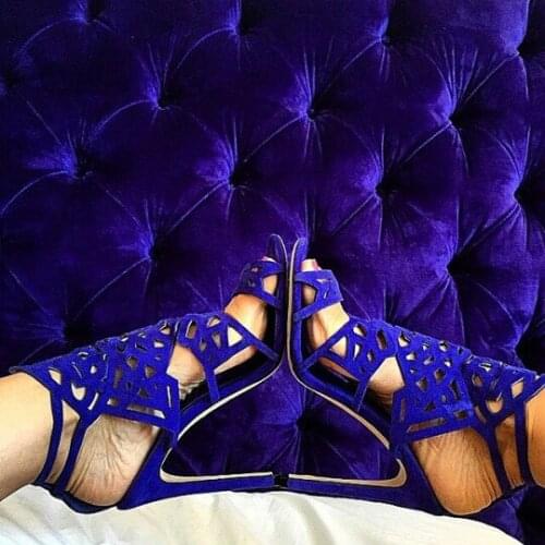 Hot selling silver glossy metalic leather laser cut-outs stiletto heel dress sandals fashion sexy cage sandals for summer