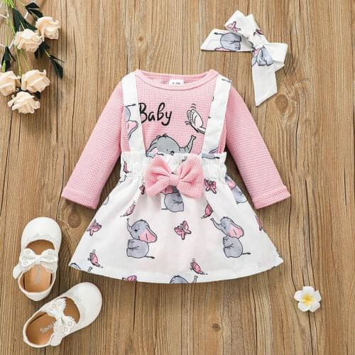 Newborn Baby Girl Clothing Sets 2021 Spring and Autumn New Cartoon Elephant Romper + Printed Sling Skirt + Headscarf 3PCS