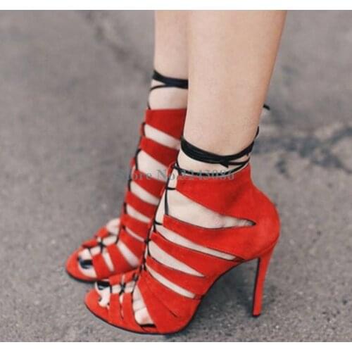 Red Faux Suede Hollow Out Thin High Heel Sandals Peep Toe Cross Tied Ankle Strap Sandals Mature Sexy Gladiator Shoes Casual Shoe