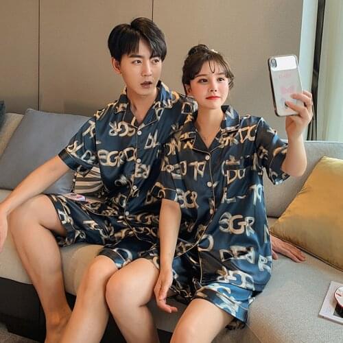 SLPBELY Couple Pajamas Set Homewear Summer Ice Silk Printed Short Sleeve Shorts Casual Men And Women Pijamas Home Suit Sleepwear