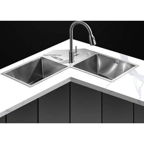 Furniture Kitchen Corner Sink 304 Stainless Steel Corner Double Kitchen Sinks Bowl Wash Basin Kitchen Faucets Accessories Sink