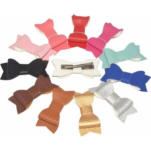 MengNa 2.8" Leather Hair Bow,DIY Leather Bow with Clips,Girls Hair Barrettes Hair Accessories 50pc/lot