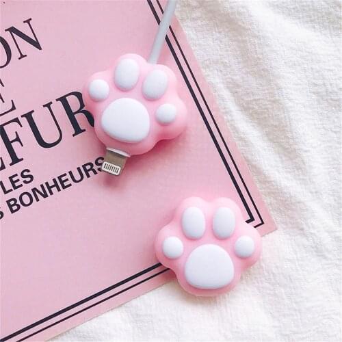 Cute Pink Cartoon Cat Paws Cable Winder Protector for iPhone Cable Kawaii Desktop Wire USB Cable Charger Earphone Protector