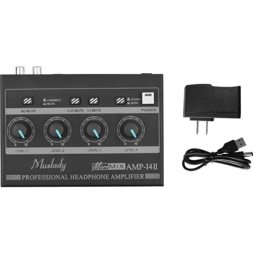 Muslady AMP-14 4-Channel Headphone Amplifier Compact Stereo Headphone Amp with RCA/6.35mm/3.5mm Input Volume Control
