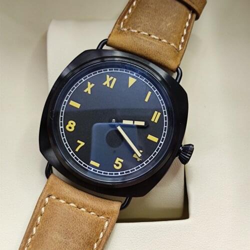 Man watch 46mm movement manual winding 6497 mechanical sterile dial black dial PVD coated black leather Men Watches P13