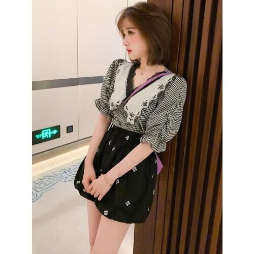 Girl lace collar hubble-bubble sleeve retro summer new plaid shirt