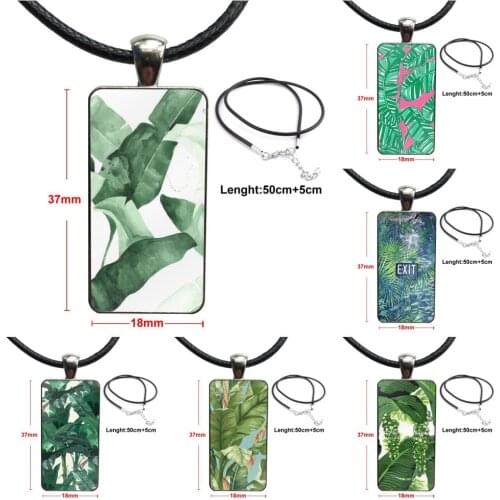 Plantain Banana Leaves Plants Cactus For Women Men Steel Color Glass Cabochon With Rectangle Shaped Pendant Choker Necklace