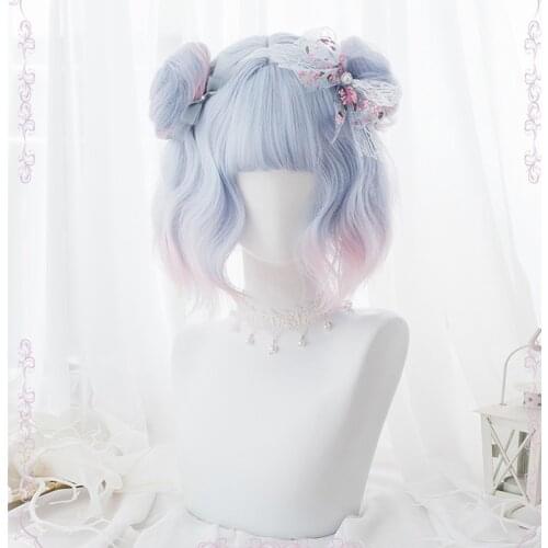 Harajuku Lolita Wig Sweet Curly Synthetic Hair Fringe Bangs Adult Girls Cosplay With Buns Heat Resistant Pink Blue Daily Wear