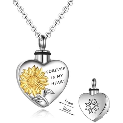 Sunflower Heart Shape Cremation Urn Necklace for ashes Memorial Pendant Jewelry