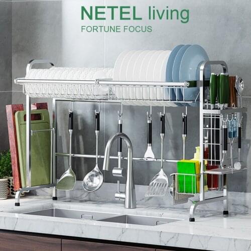 Over the Sink Dishes Drying Rack Stainless Steel Dish Organizer Racks Non-slip Drainer Shelf with Utensils Holder