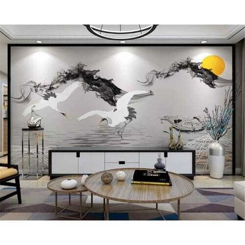 Beibehang Custom abstract smoke landscape classic wallpaper fishing boat crane new Chinese background wall papers home decor