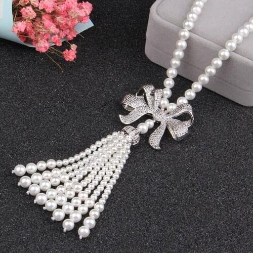 Luxury Bowknot Autumn and Winter Sweater Pearl Necklace For Womens Silver Weddings jewelry Long Pearl Chains